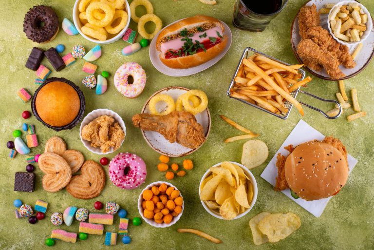 Assortment of various unhealthy junk food.
